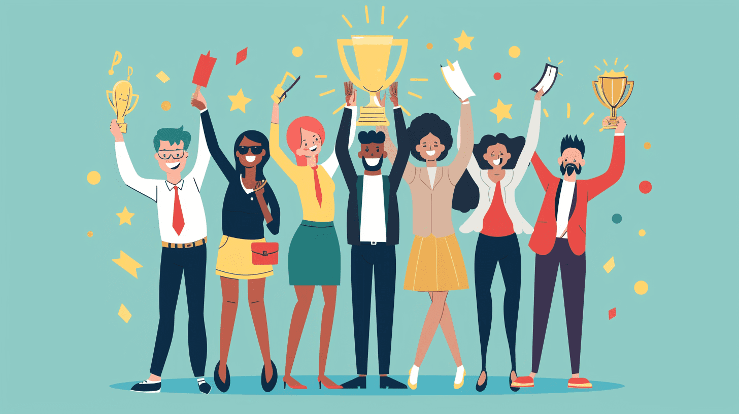 Illustration of a happy team celebrating with trophies and confetti