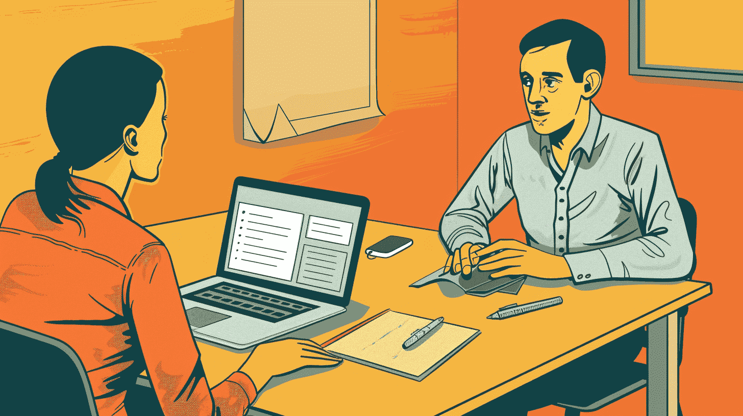 Illustration of a manager and an employee talking across a desk with a laptop