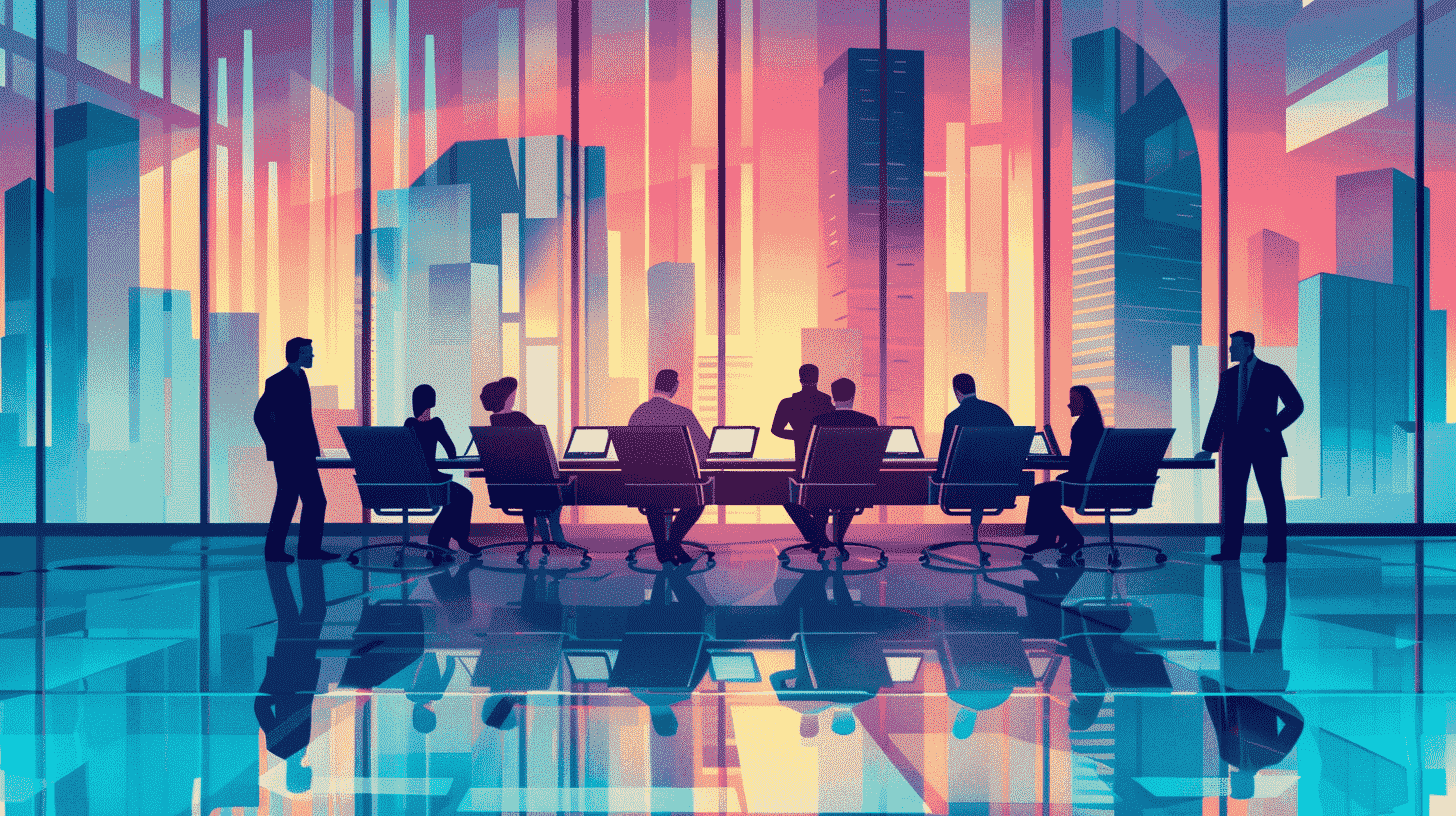 Silhouettes of people around a boardroom table in front of a city skyline