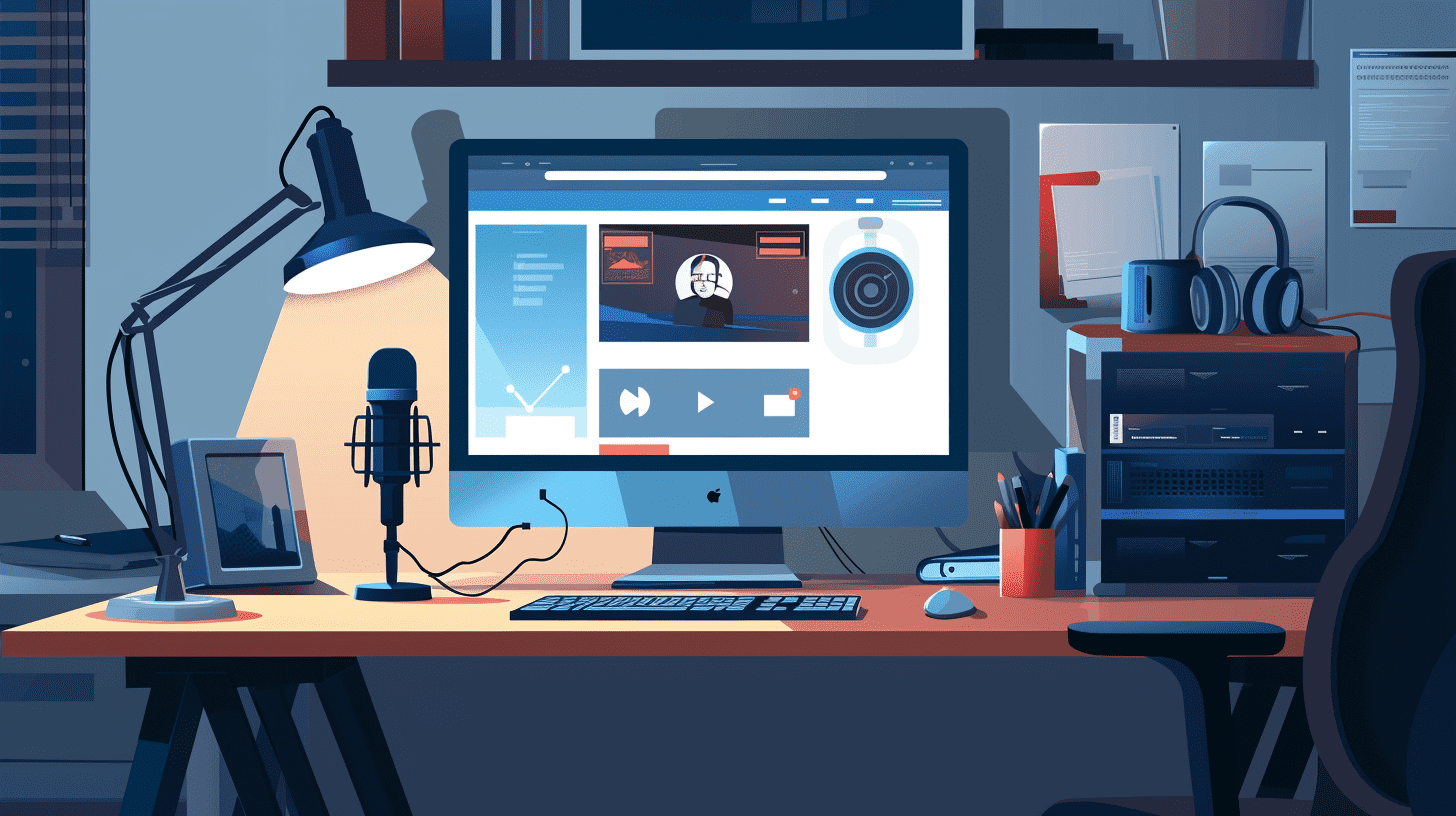 Illustration of a home office desk with a computer, microphone and lamp