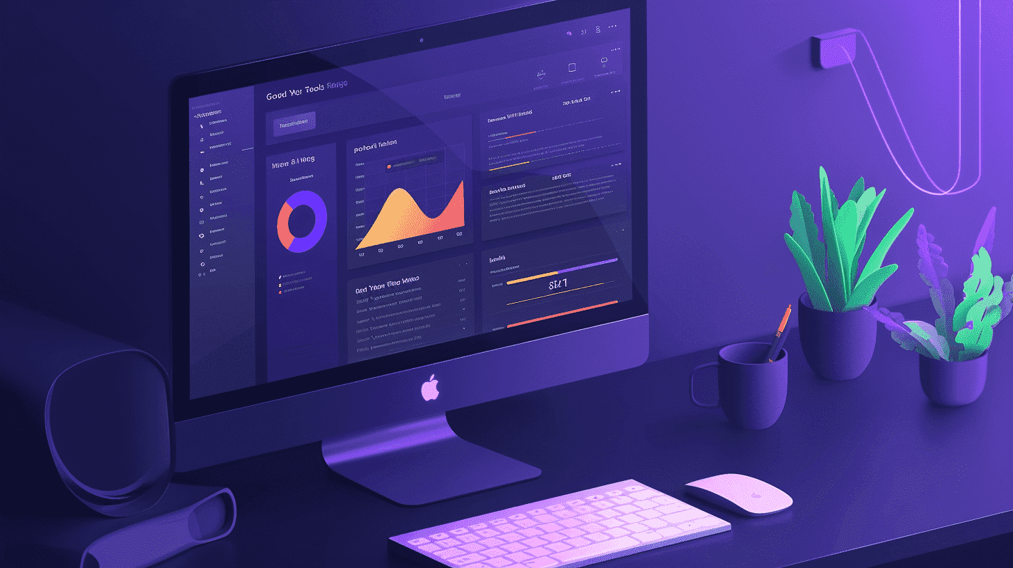 Illustration of a desktop computer showing an analytics dashboard in a purple room
