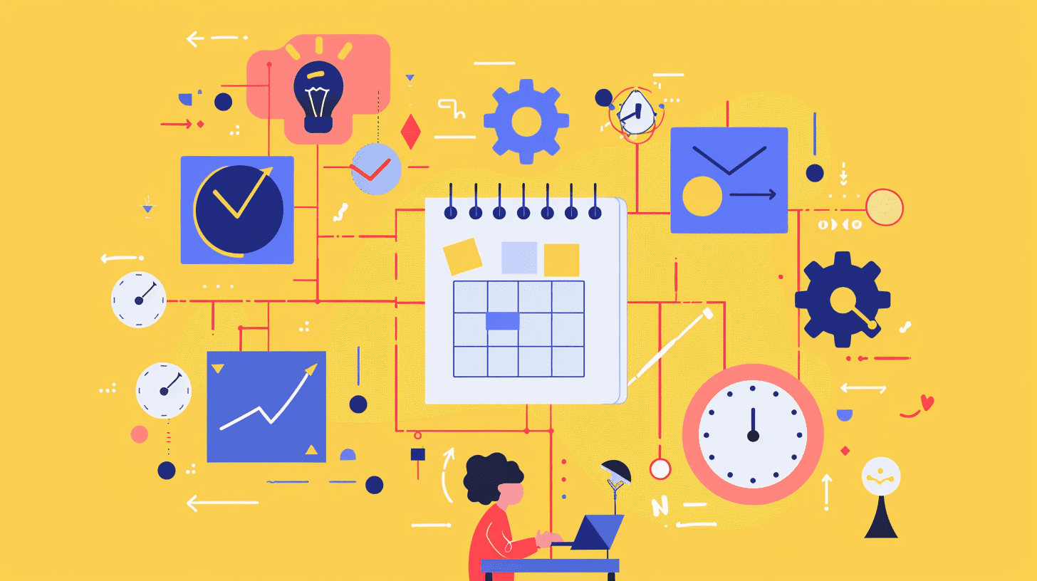 Illustration of a person at a laptop surrounded by icons for calendars, clocks, charts and settings
