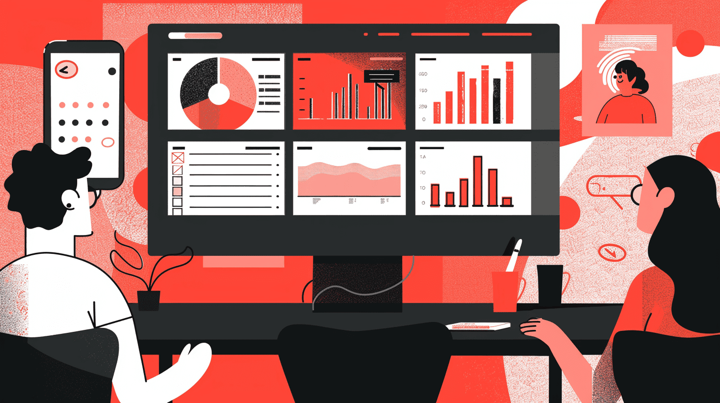 Illustration of two people working in front of a screen of charts and dashboards