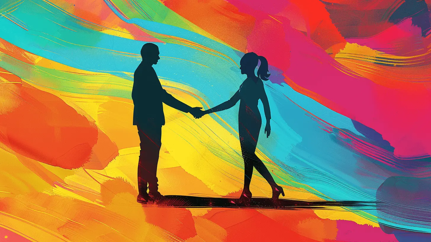 Silhouettes of two people shaking hands against bright paint strokes