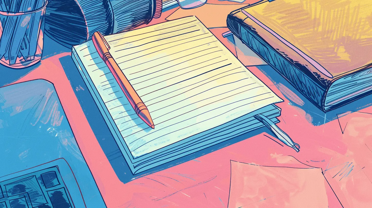 Sketch of an open notebook and pen on a desk next to a laptop