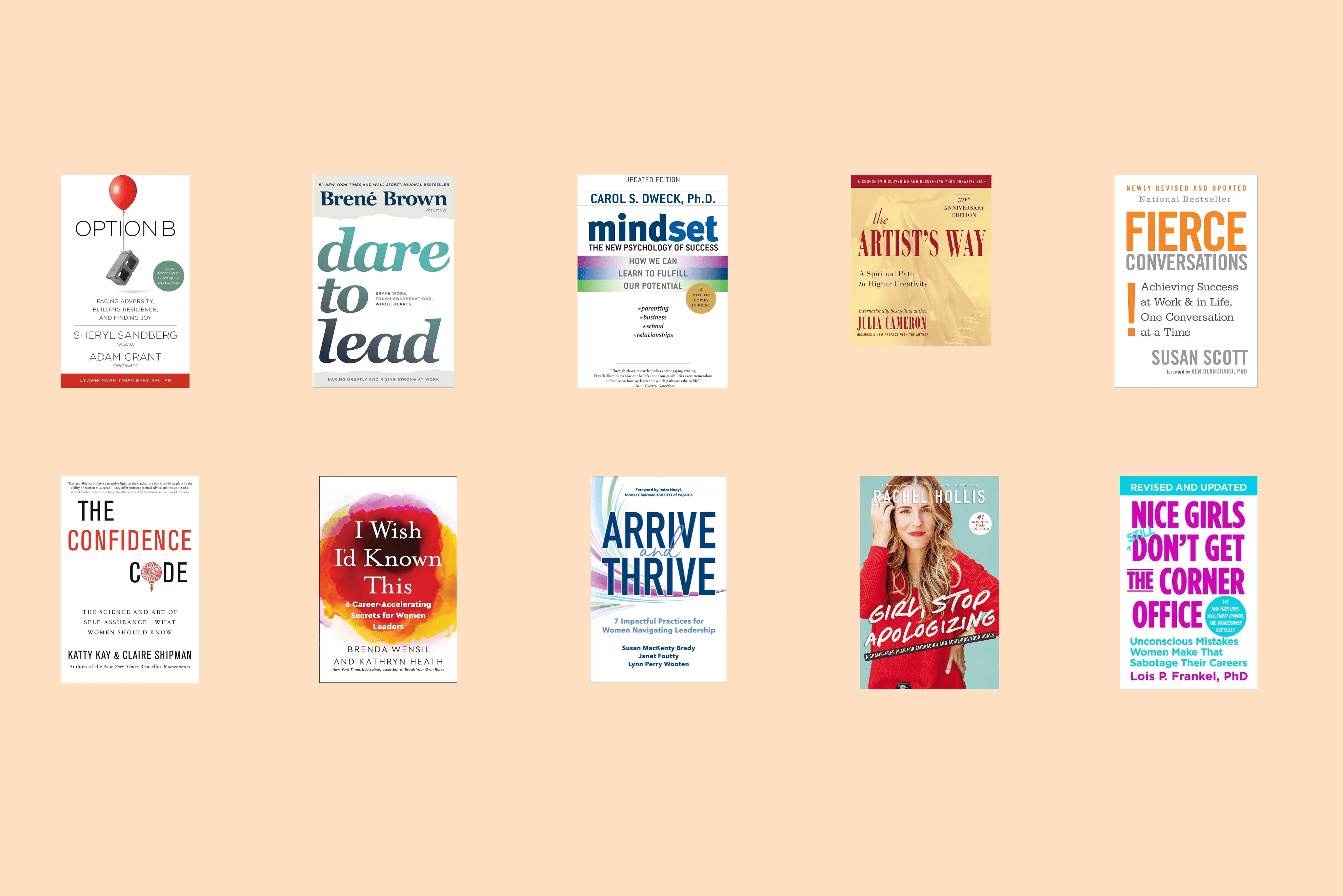 Covers of ten books by women executive coaches, including Dare to Lead, Mindset and The Confidence Code