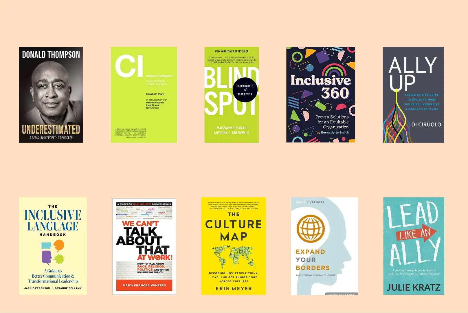 Covers of ten books on inclusive teams, including Underestimated, The Culture Map and Lead Like an Ally