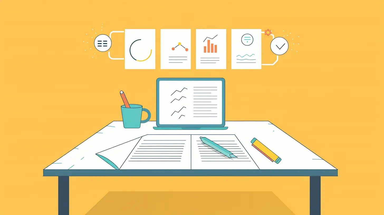 Illustration of a desk with a laptop, notes and summary charts