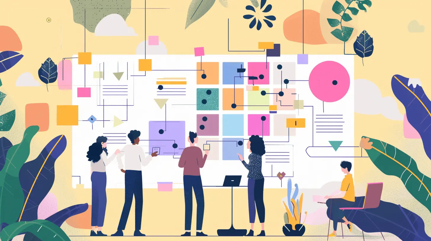 Illustration of a team arranging sticky notes and charts on a large board