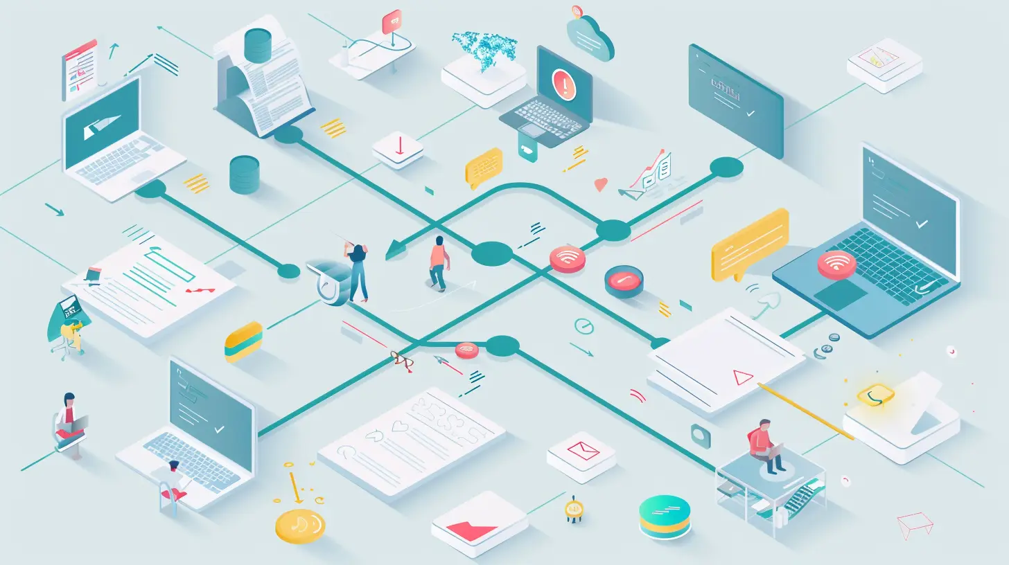 Illustration of Interconnected digital devices and tools in a complex network.