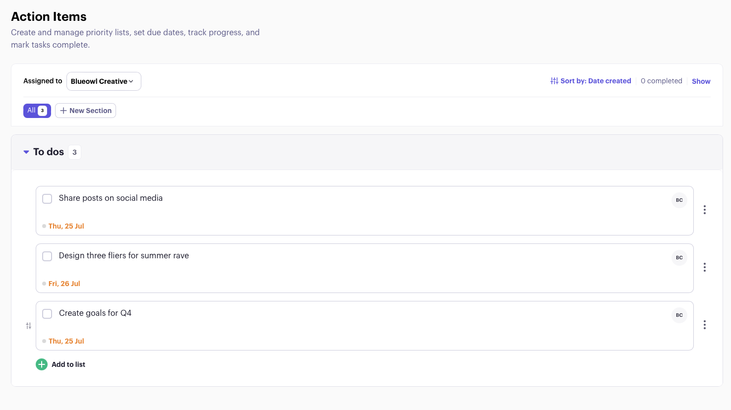Beam Action Items list with to-dos, due dates and an Add to list button