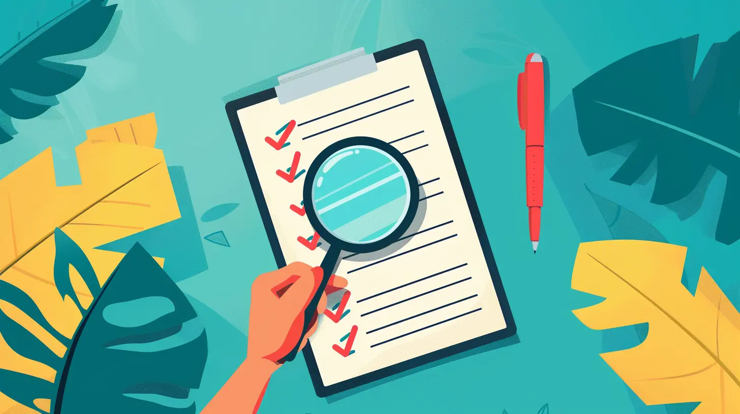 Illustration of a hand holding a magnifying glass over a checklist on a clipboard