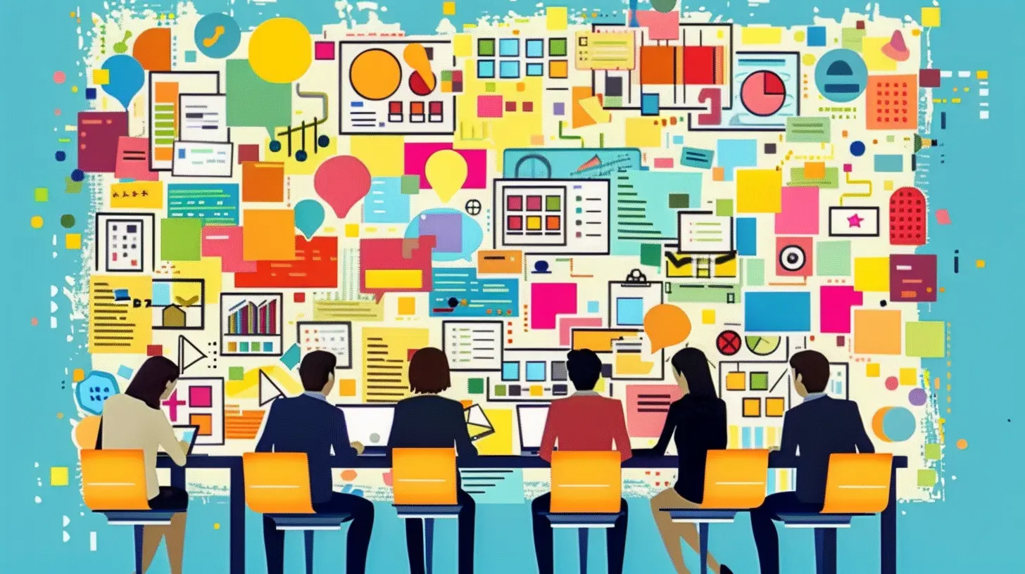 Team sitting at a table in front of a wall covered with colorful charts and icons