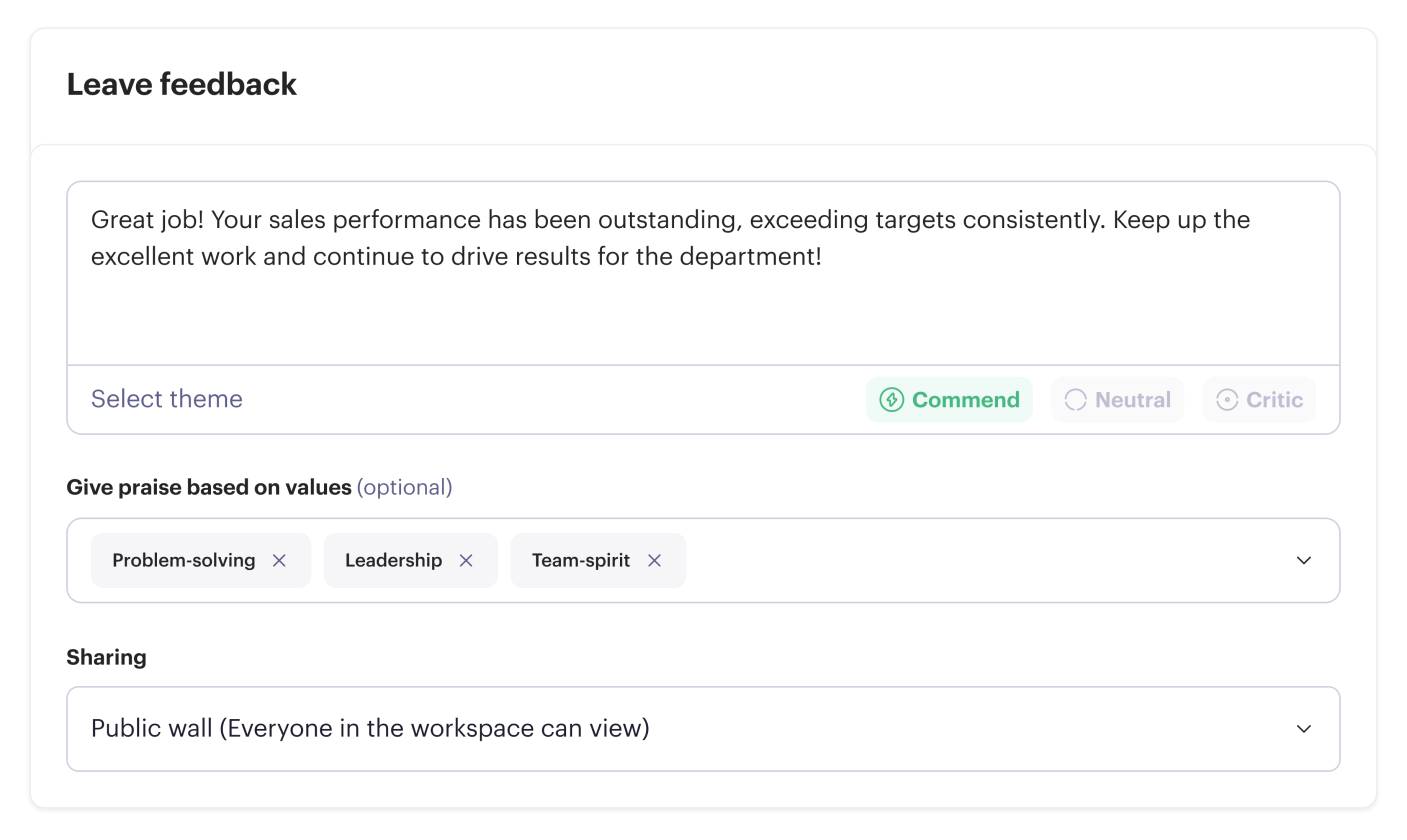 Beam Leave feedback form with praise tagged to company values and shared on the public wall