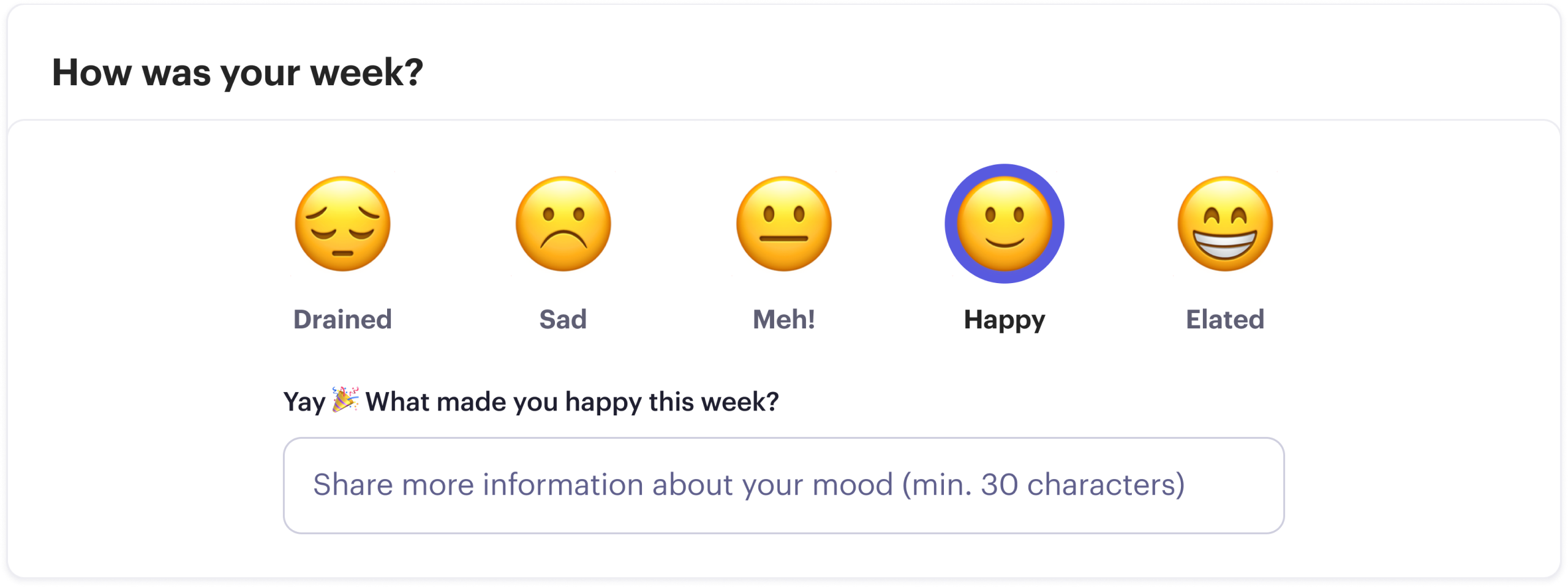 Beam check-in mood question asking how the week was, with five mood options