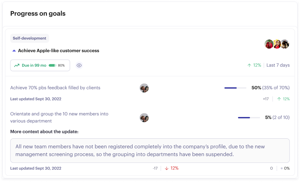Beam check-in progress on goals with context about an update