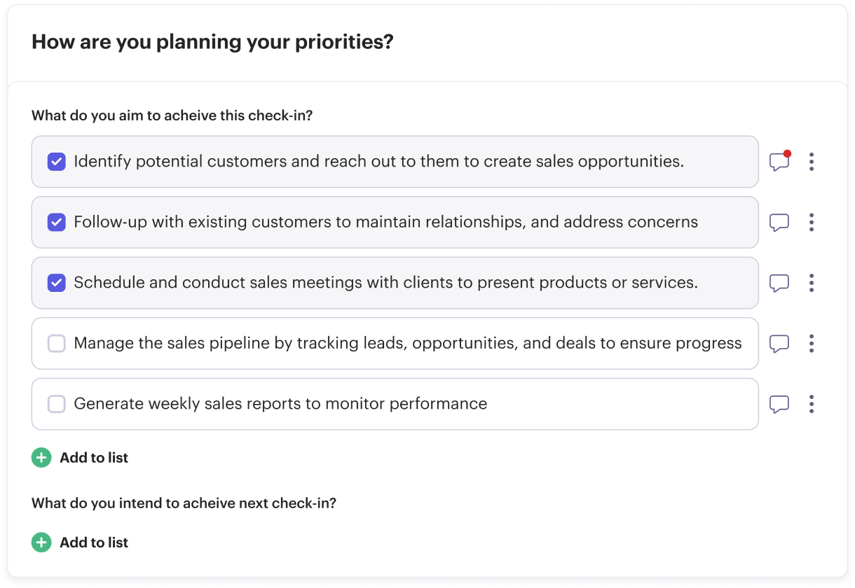 Beam check-in priorities list with achieved items checked off