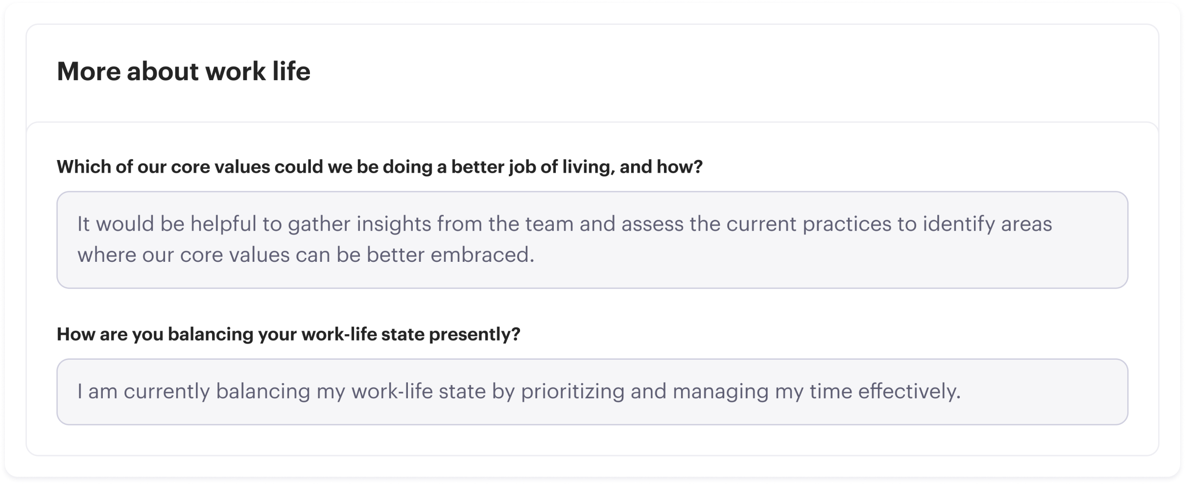 Beam check-in questions about company values and work-life balance