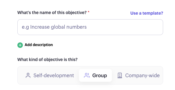 Beam form for naming a new objective and choosing self-development, group or company-wide
