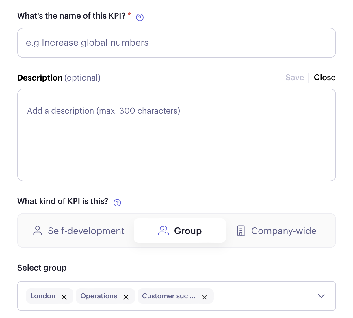 Beam form for creating a group KPI with a name, description and groups