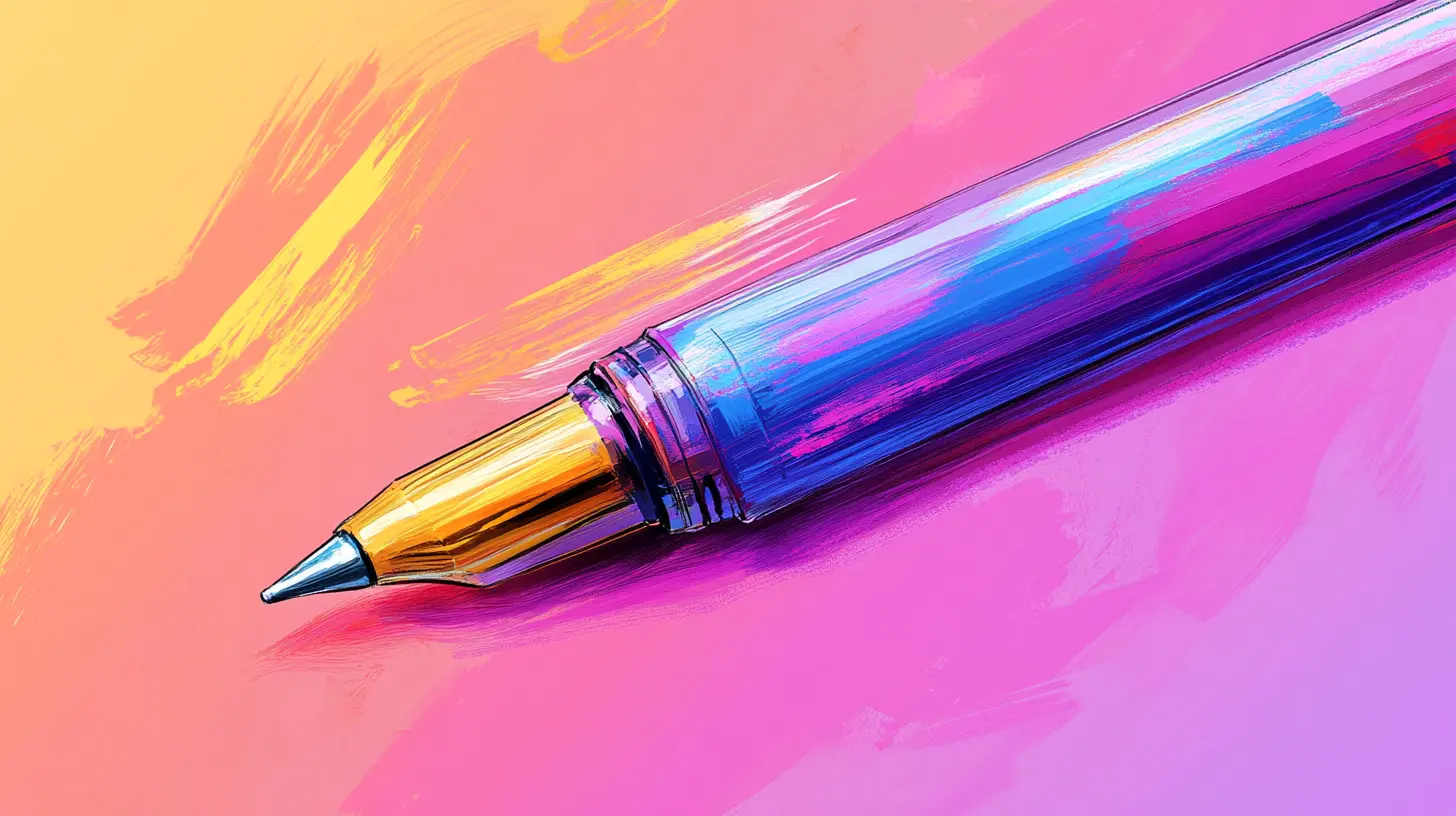 Close-up of a colorful pen against a bright pink and orange background