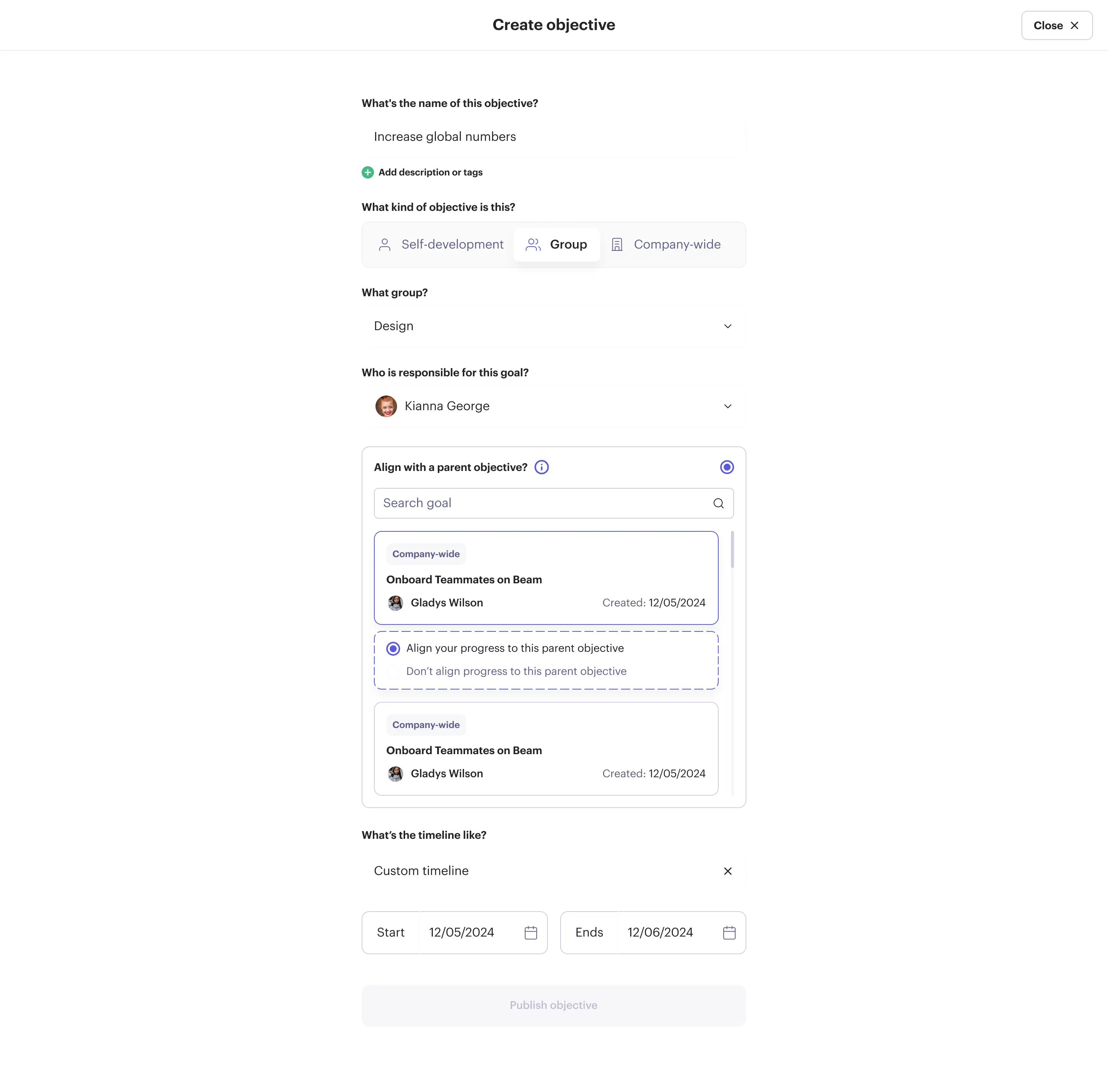 Beam Create objective form with fields for name, group, owner and timeline