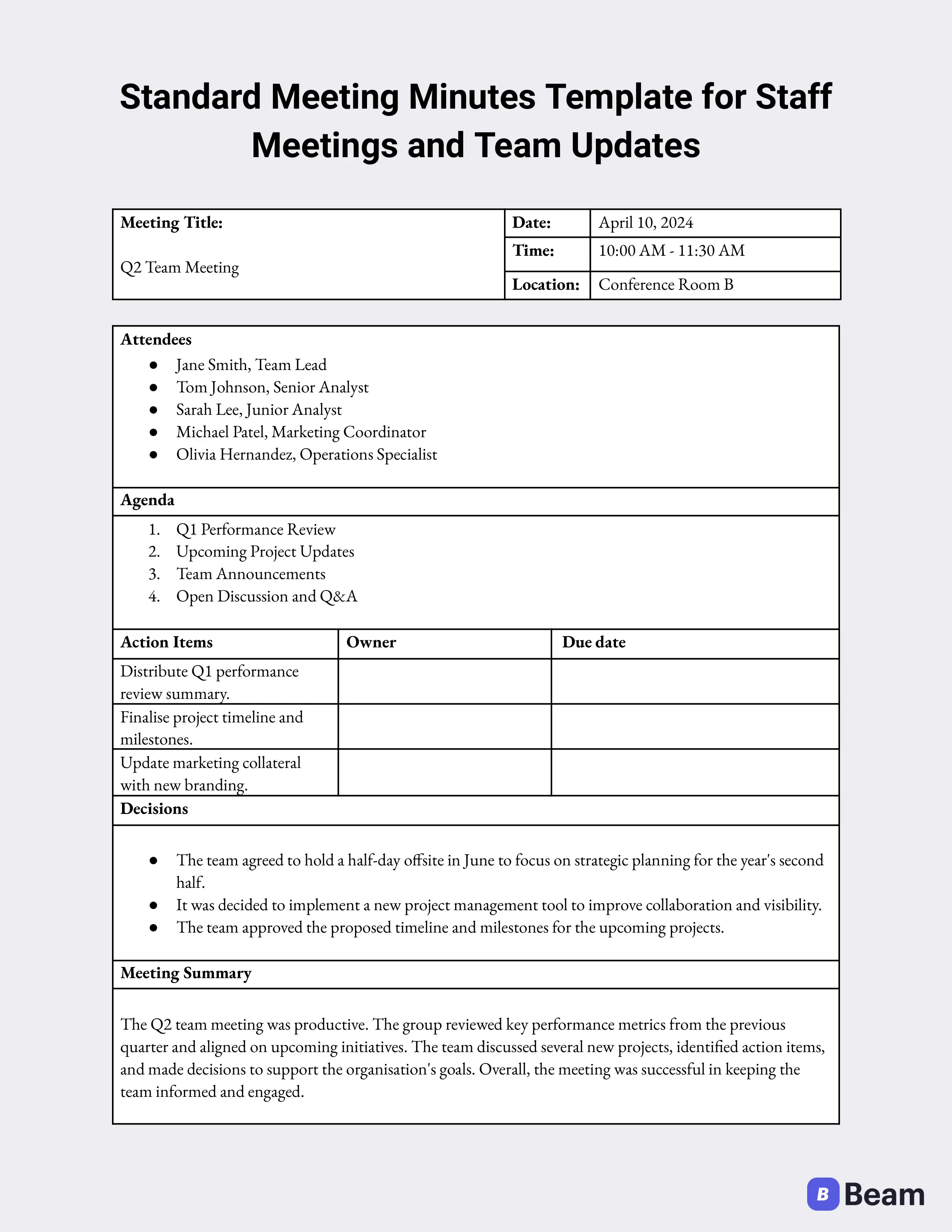 Standard meeting minutes template for staff meetings and team updates