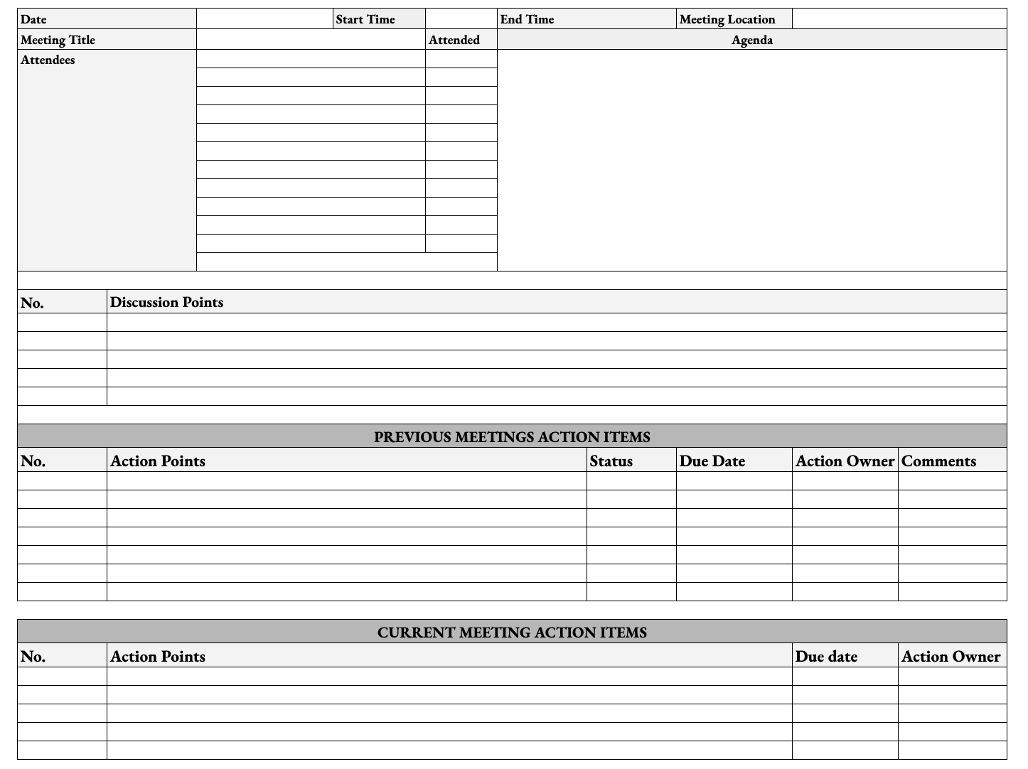 Minutes of meeting (MoM) template with discussion points and action item tables