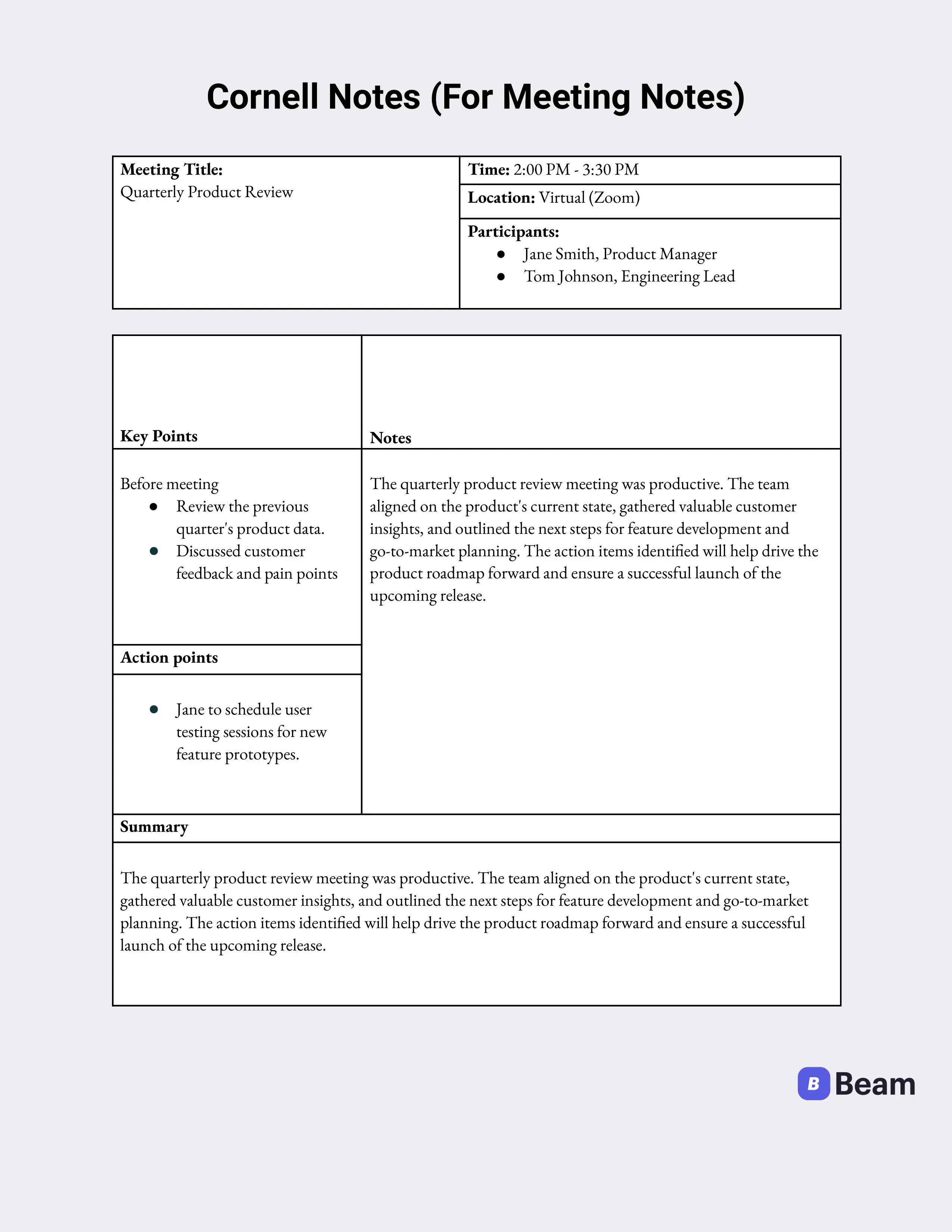 Cornell notes template for meeting notes