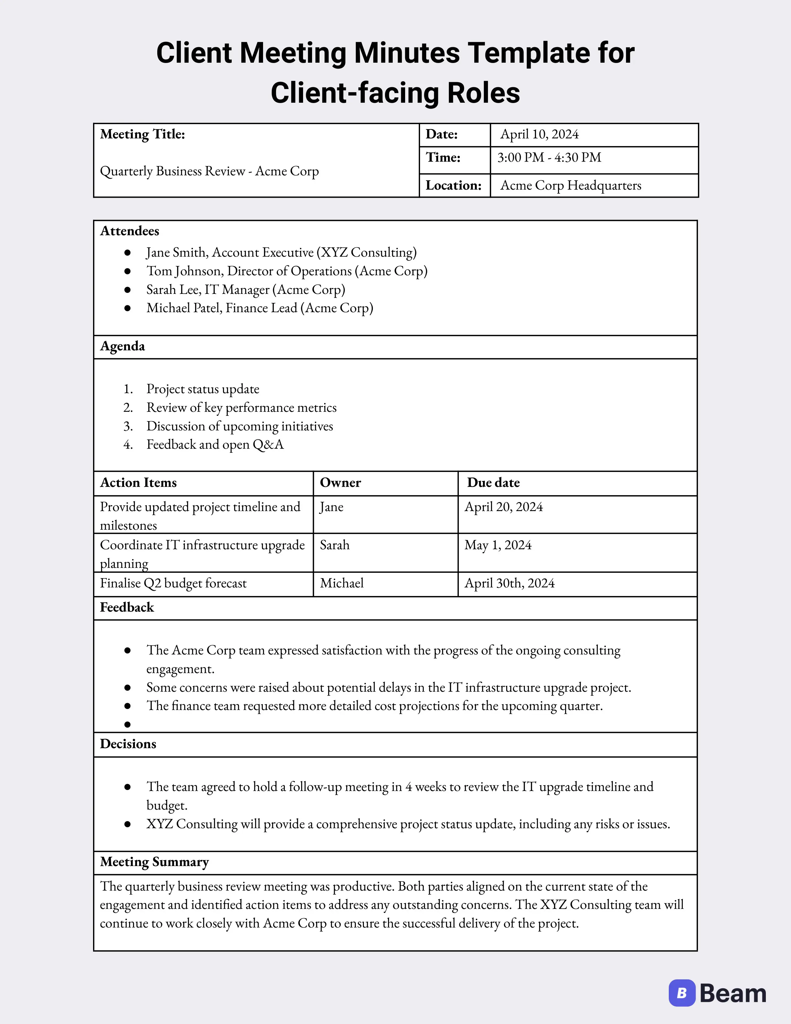 Client meeting minutes template for client-facing roles