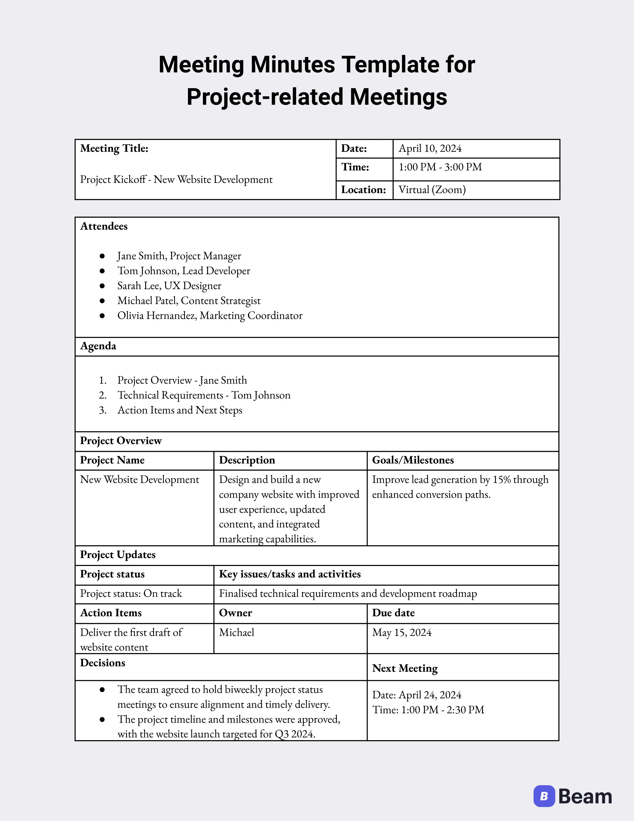Meeting minutes template for project-related meetings