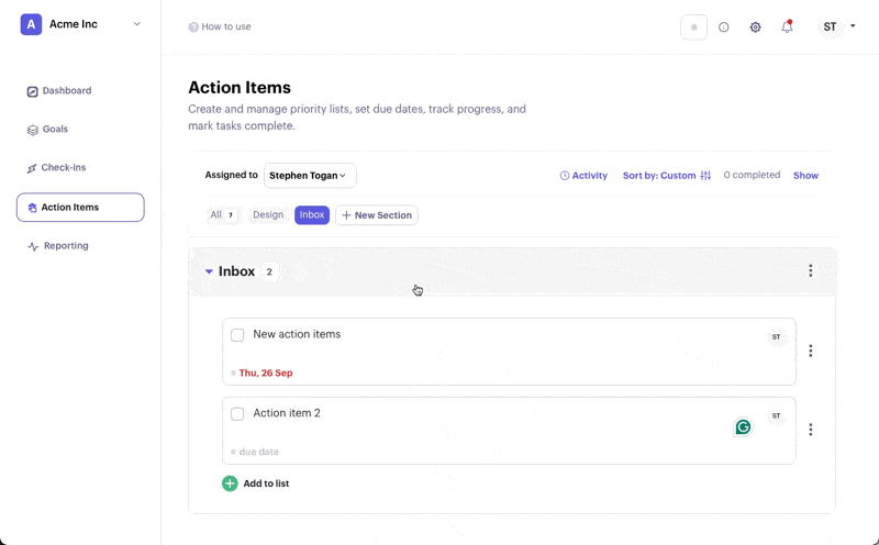 Beam Action Items list with tasks, due dates and an Add to list button