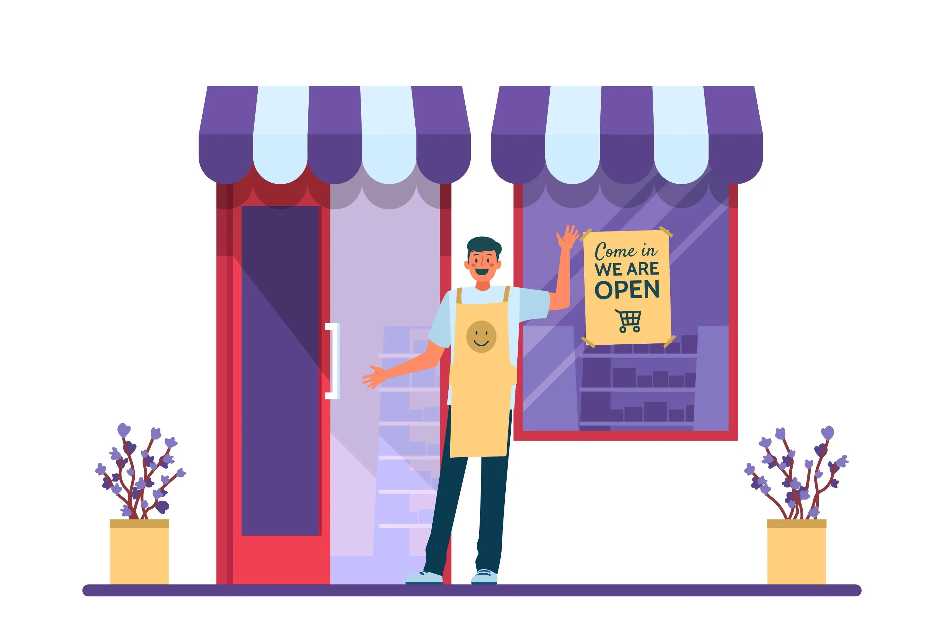 Illustration of a shop owner in an apron standing outside a store with a Come in, we're open sign