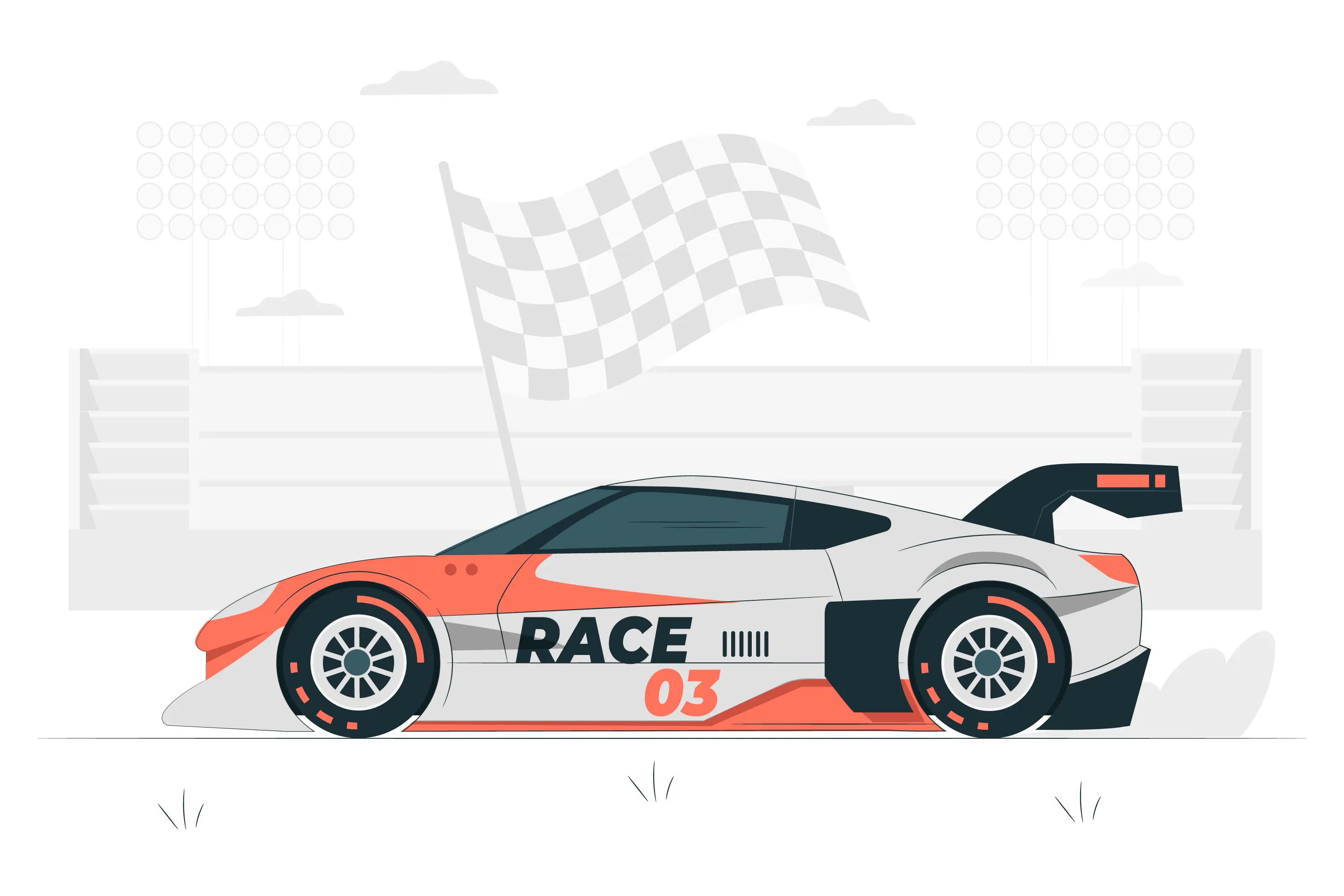 Illustration of a race car passing a checkered finish flag