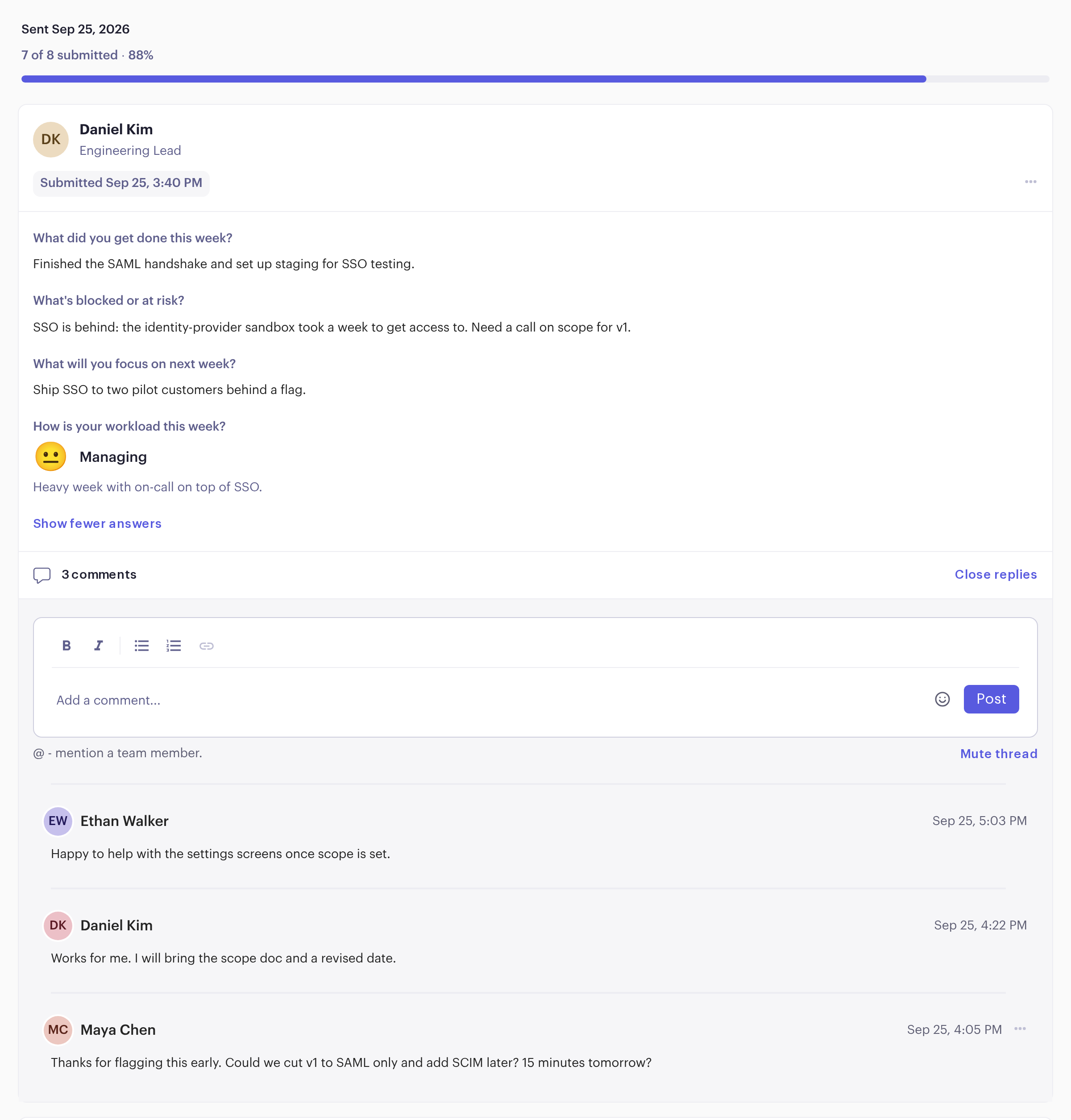 Beam Team Feed: a weekly check-in flags that SSO is behind, and the manager replies in the comment thread